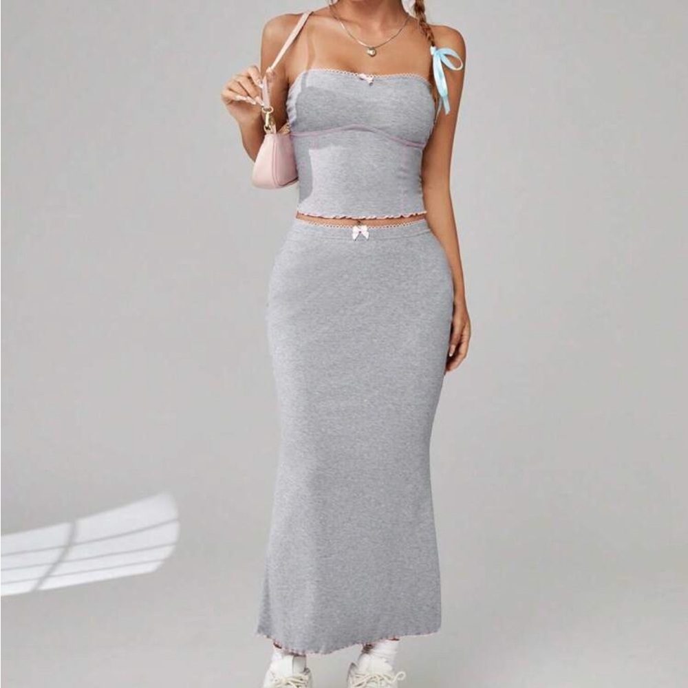 Two Piece Gray and Pink Trimmed Tube Top + Skirt